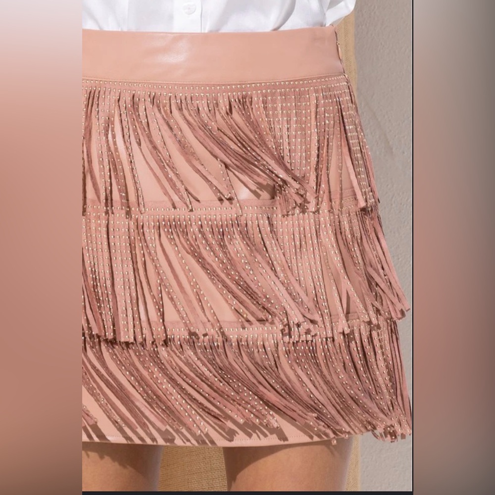 Peach Love CA Pink Mini Skirt, layered fringe design and studded detailing